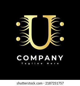 Initial letter U simple gold logo.