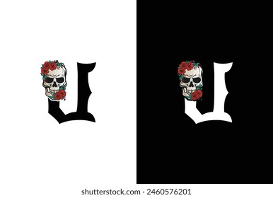 Initial Letter U Skull Logo Design. Minimal silhouette skull logo vector with letter U logo design illustration.