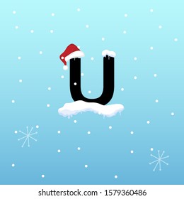 Initial Letter u with snowflake and santa hat element, vector illustration snow lettering template