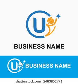 Initial Letter U Student, Toga Cap and Shine Icon for Education, School, Academy Center Business Logo Idea Template
