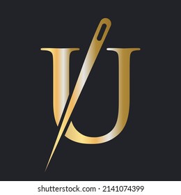 Initial Letter U Tailor Logo, Needle and Thread Combination for Embroider, Textile, Fashion, Cloth, Fabric, Golden Color Template