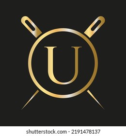 Initial Letter U Tailor Logo, Needle and Thread Combination for Embroider, Textile, Fashion, Cloth, Fabric Template
