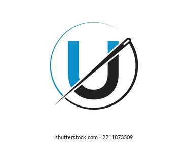 Initial Letter U With Tailor Logo, Needle and Thread Combination for Embroidery, Textile, Fashion, Cloth, Fabric Template.