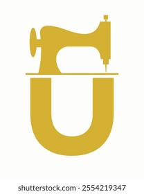 Initial Letter U Tailor Logo Design with Tailoring Machine Symbol Concept For Embroider, Textile, Cloth and Fabric Template