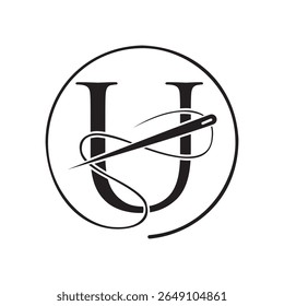 Letra inicial U logotipo alfaiate, agulha e logotipo de linha para vestuário, bordado, têxtil, moda, pano, sinal de tecido