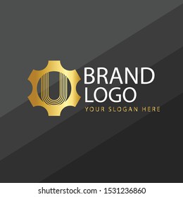Initial letter U tech gear logo design template with golden gradient