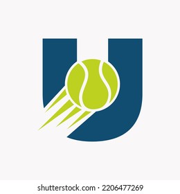 Initial Letter U Tennis Logo Concept With Moving Tennis Ball Icon. Tennis Sports Logotype Symbol Vector Template