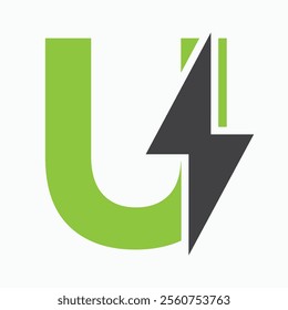 Initial Letter U With Thunder Bolt Symbol. Power Icon Electric Symbol Vector Template