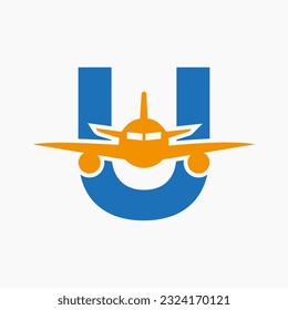 Initial Letter U Travel Logo Concept With Flying Air Plane Symbol