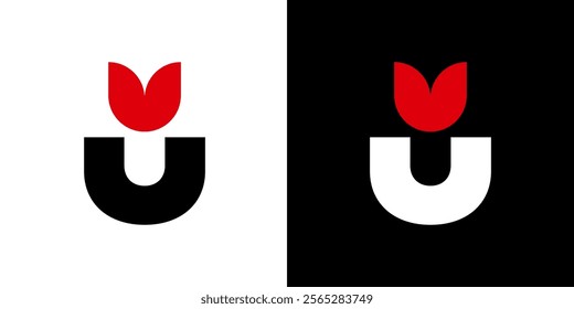 Initial letter U tulip love heart book logo template black white red	