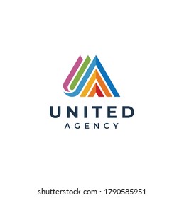 Initial Letter U A UA AU with colorful rainbow color palette for unity community logo design