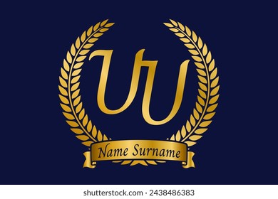 Initial letter U and U, UU monogram logo design with laurel wreath. Luxury golden emblem with calligraphy font.