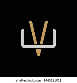 Initial letter U and V, UV, VU, overlapping interlock logo, monogram line art style, silver gold on black background