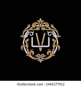 Initial letter U and V, UV, VU, decorative ornament emblem badge, overlapping monogram logo, elegant luxury silver gold color on black background