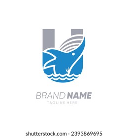 Initial Letter U Whale Jumping in the Water Logo Design Vector Icon Graphic Emblem Illustration