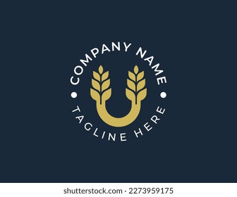 initial Letter U Wheat Grain Logo Stamp Badge Concept sign symbol icon Design Element. Meal, Bakery, Harvest, Food Logotype. Vector illustration logo template
