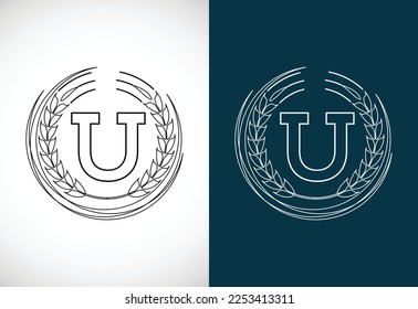 Initial letter U with wheat wreath. Organic wheat farming logo design concept. Agriculture logo.