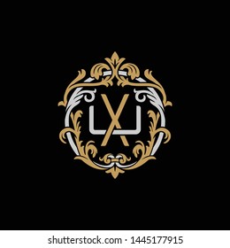 Initial letter U and X, UX, XU, decorative ornament emblem badge, overlapping monogram logo, elegant luxury silver gold color on black background