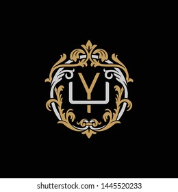 Initial letter U and Y, UY, YU, decorative ornament emblem badge, overlapping monogram logo, elegant luxury silver gold color on black background