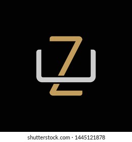 Initial letter U and Z, UZ, ZU, overlapping interlock logo, monogram line art style, silver gold on black background