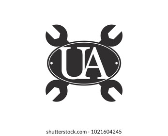 Initial letter UA logo automotive club with crossed wrench black