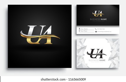 initial letter UA logotype company name colored gold and silver swoosh design. Vector sets for business identity on white background.