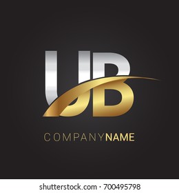 initial letter UB logotype company name colored gold and silver swoosh design. isolated on black background.
