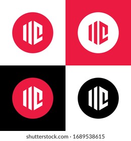 Letra inicial plantilla de logotipo UC o IIC, tipografía de forma hexágona, icono de círculo rojo