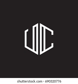 Initial letter UC, minimalist line art monogram hexagon shape logo, white color on black background