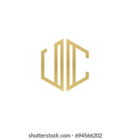 Initial letter UC, minimalist line art hexagon shape logo, gold color
