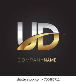 initial letter UD logotype company name colored gold and silver swoosh design. isolated on black background.