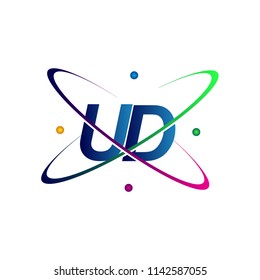 initial letter UD logotype science icon colored blue, red, green and yellow swoosh design. vector logo for business and company identity.
