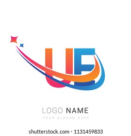 initial letter UE logotype company name colored orange, red and blue swoosh star design. vector logo for business and company identity.

