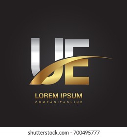 initial letter UE logotype company name colored gold and silver swoosh design. isolated on black background.
