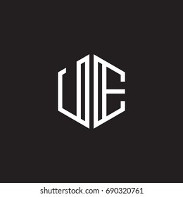 Initial letter UE, minimalist line art monogram hexagon shape logo, white color on black background