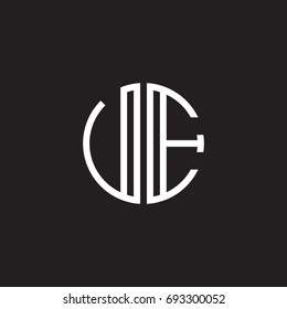 Initial letter UE, VE, minimalist line art monogram circle shape logo, white color on black background