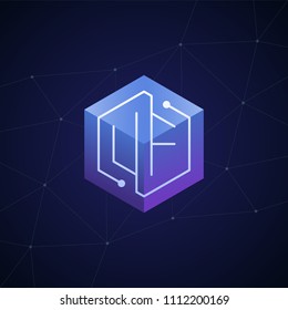 Initial letter UF, block chain, looping mono line circuit letter on hexagon cube logo, blue magenta gradient color on black blue network background