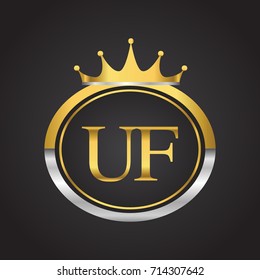 initial letter UF logotype company name with oval shape and crown, gold and silver color. vector logo for business and company identity.