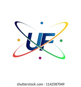 initial letter UF logotype science icon colored blue, red, green and yellow swoosh design. vector logo for business and company identity.
