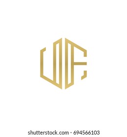 Initial letter UF, minimalist line art hexagon shape logo, gold color