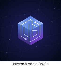 Initial letter UG, block chain, looping mono line circuit letter on hexagon cube logo, blue magenta gradient color on black blue network background