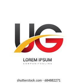 initial letter UG logotype company name colored red, black and yellow swoosh design. isolated on white background.
