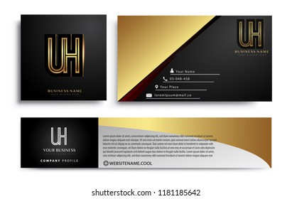 initial letter UH logotype company name colored gold elegant design. Vector sets for business identity on black background.