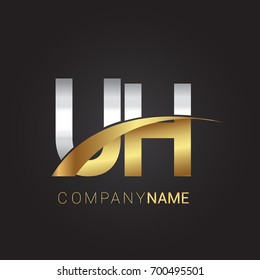 initial letter UH logotype company name colored gold and silver swoosh design. isolated on black background.