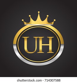 initial letter UH logotype company name with oval shape and crown, gold and silver color. vector logo for business and company identity.