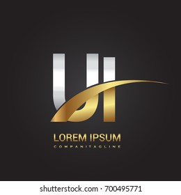 initial letter UI logotype company name colored gold and silver swoosh design. isolated on black background.
