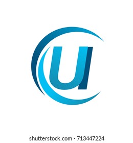initial letter UI logotype company name blue circle and swoosh design. vector logo for business and company identity.