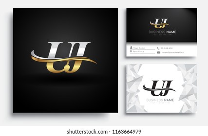 initial letter UJ logotype company name colored gold and silver swoosh design. Vector sets for business identity on white background.