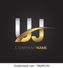 initial letter UJ logotype company name colored gold and silver swoosh design. isolated on black background.