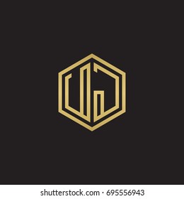 Initial letter UJ, minimalist line art hexagon logo, gold color on black background